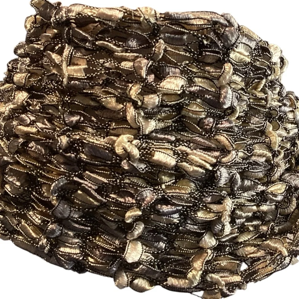 Handcrafted Fancy Ribbon Knit Fringe Scarf Gold, Brown, and Silver Stretch Boa‎